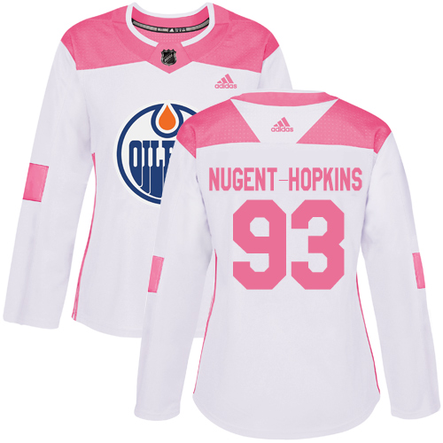 Adidas Oilers #93 Ryan Nugent-Hopkins White/Pink Authentic Fashion Women's Stitched NHL Jersey - Click Image to Close